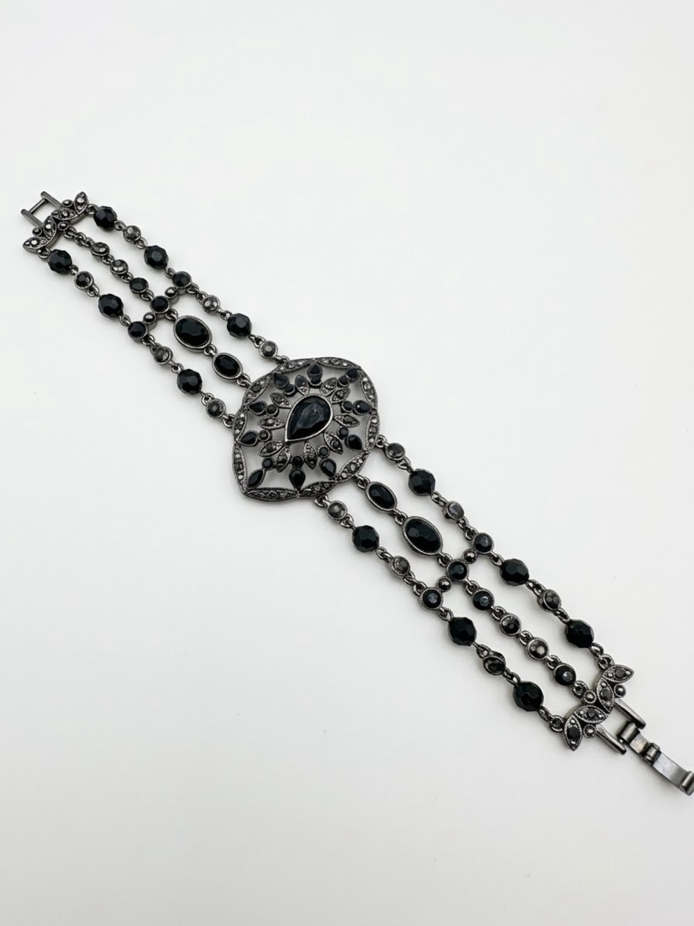 Gothic Black Crystal & Gunmetal Marcasite Style Three Row Link Bracelet